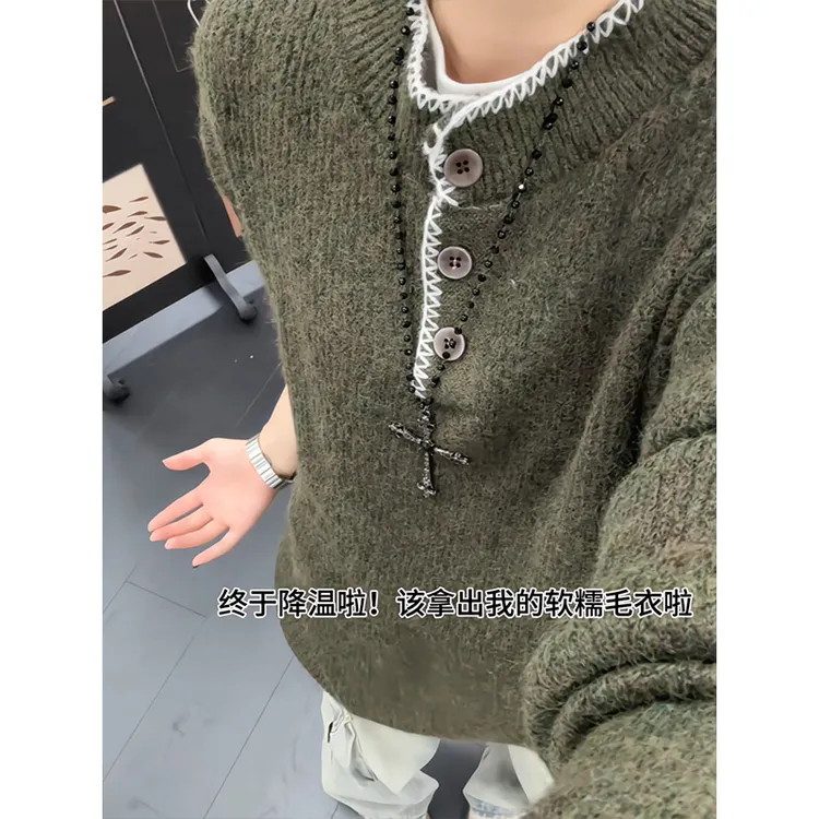 美式复古设计休闲亨利领针织衫毛衣男女宽松秋季情侣慵懒套头上衣