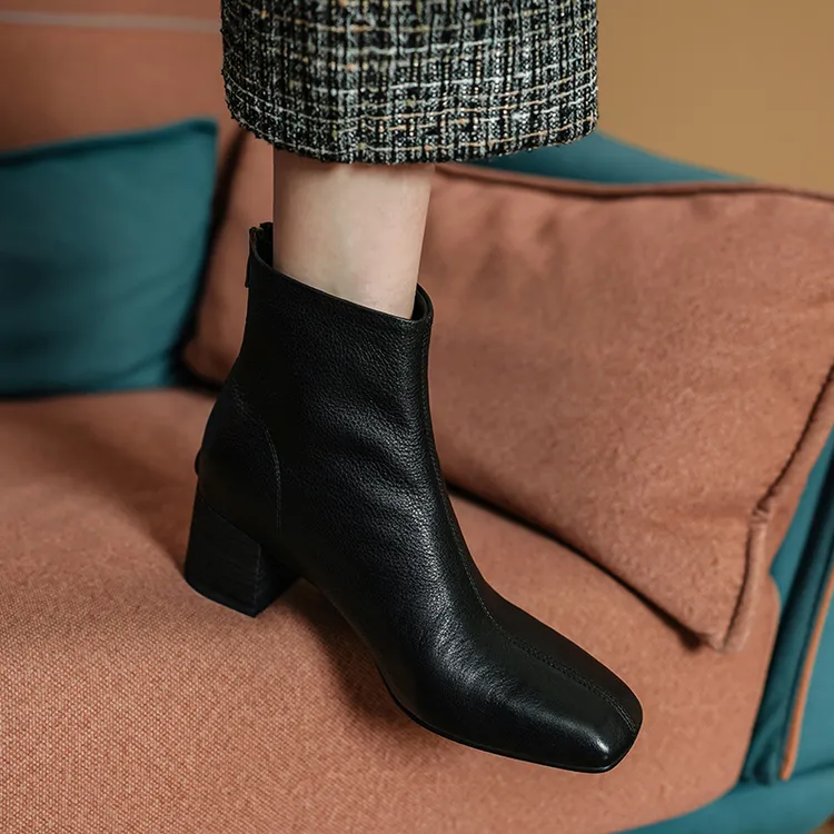 秋冬时尚真皮粗跟短靴高跟鞋黑色百搭牛皮短筒加绒鞋欧美范瘦瘦靴