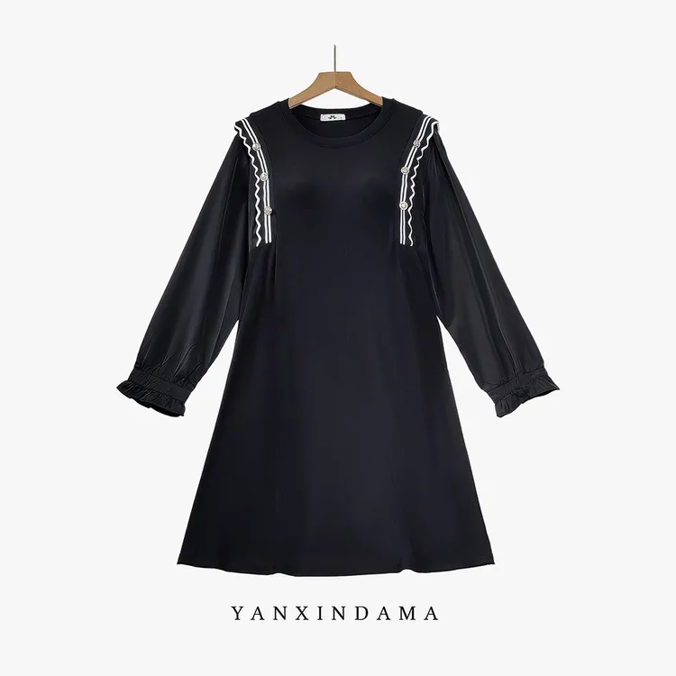 【岩心】大码女装300斤胖MM时尚洋气显瘦宽松法式长袖连衣裙63374