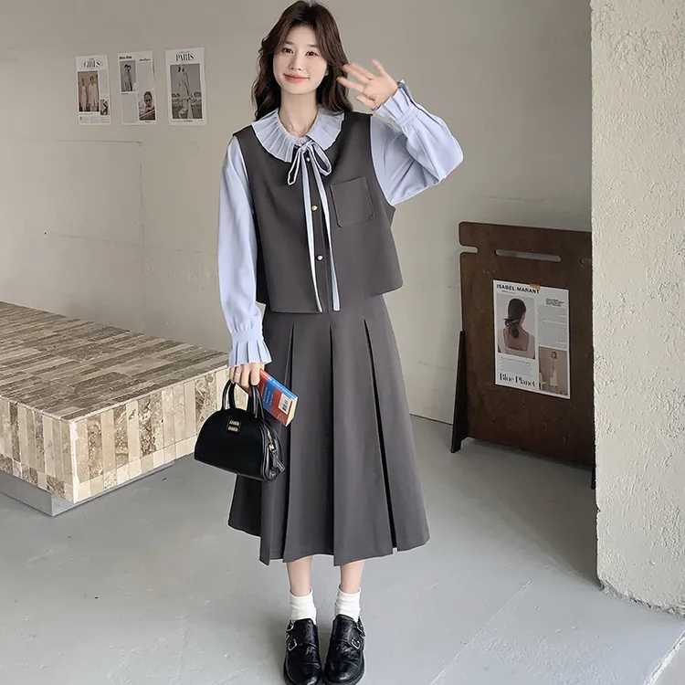 韩系学院风灰色马甲半身裙套装女2025秋季新款减龄气质衬衫三件套