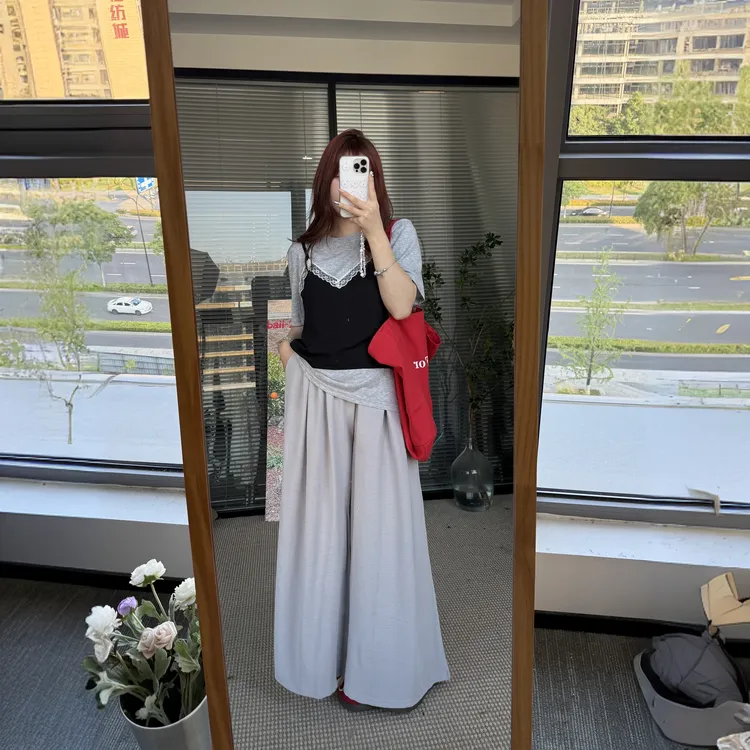 【陈鱼白】法式甜美撞色蕾丝拼接假两件短袖t恤女夏季独特减龄显瘦