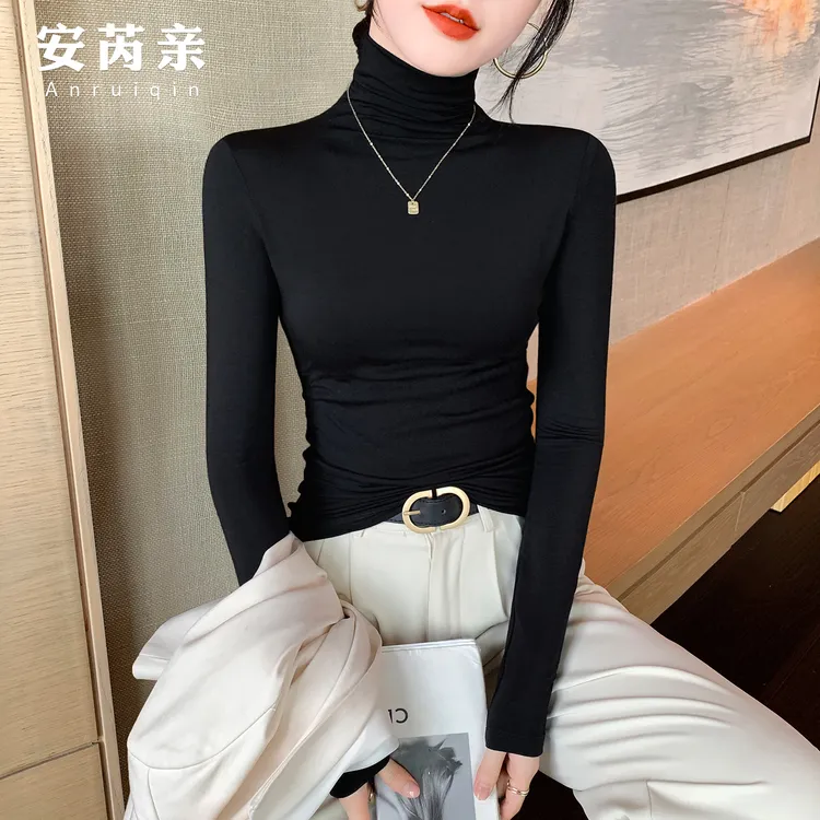 高端兰精莫代尔高领打底衫女秋冬季内搭面膜T恤修身洋气长袖上衣