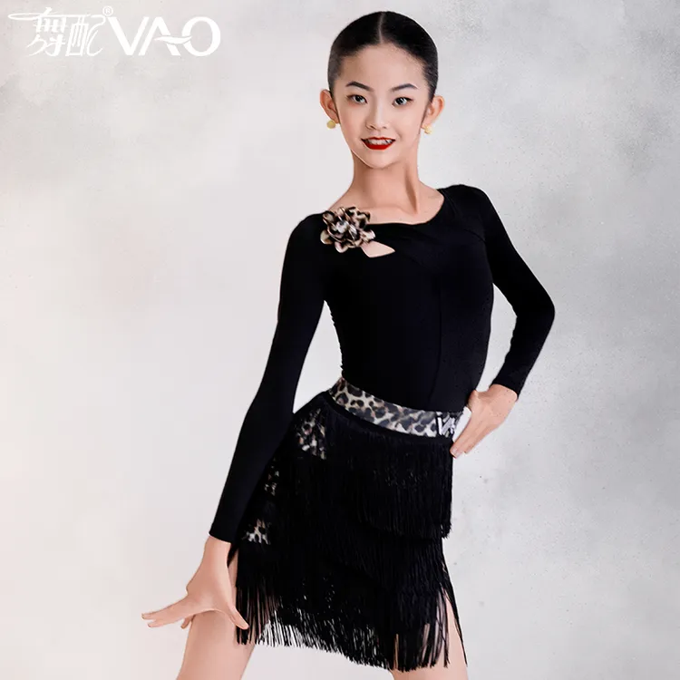 VL51383-2025新款拉丁舞服练功服女VAO舞配舞服黑长袖花朵流苏裙