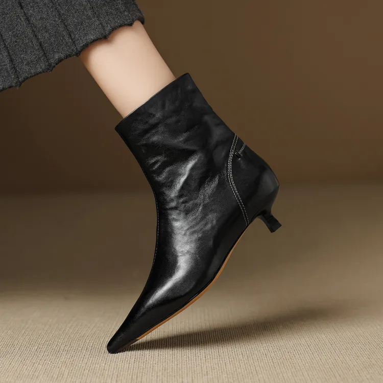 3.5cm头层牛皮中跟显瘦短靴秋冬百搭中跟显腿长靴子时尚细跟单靴