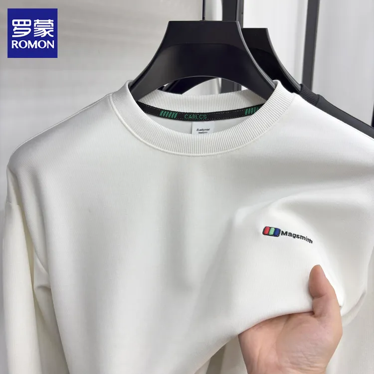 罗蒙中青年男士落肩袖简约套头卫衣刺绣圆领秋季春季上衣长袖白色