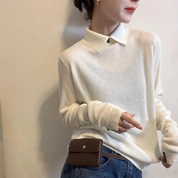 【正版】简约小翻领细羊毛长袖开叉针织衫女韩版时尚百搭打底毛衣
