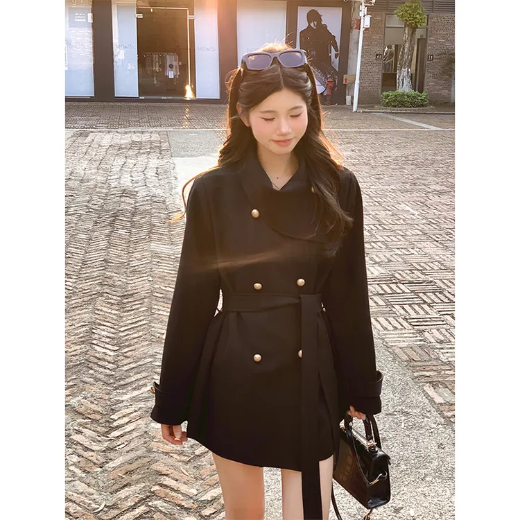 韩系穿搭高级感名媛收腰显瘦围脖设计感黑色风衣外套女装大衣秋季