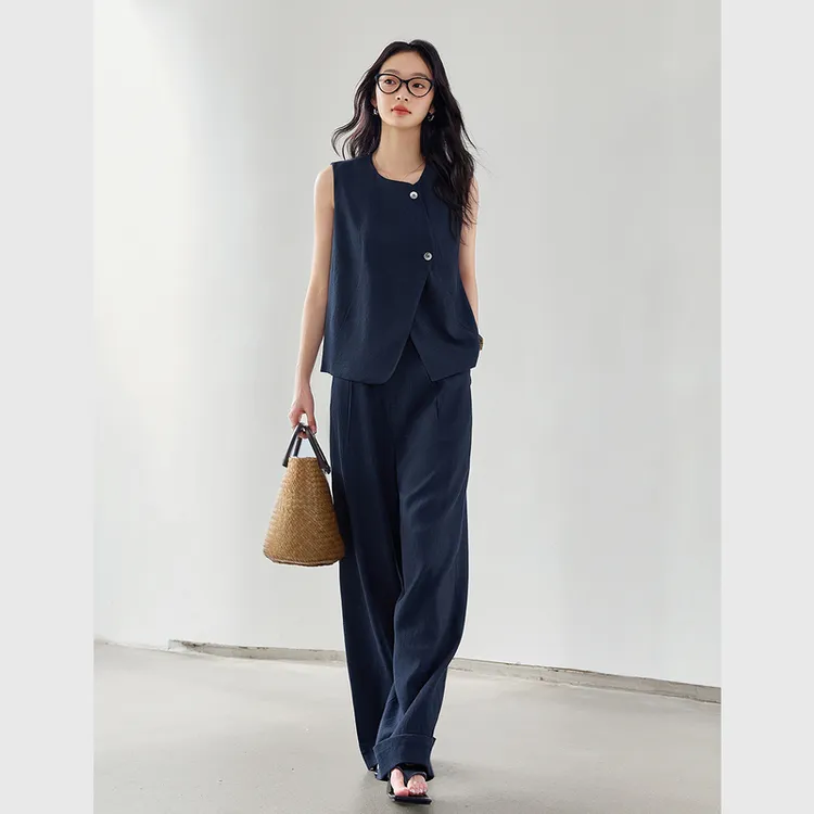 设计感纯色马甲时尚套装女2025年夏季新款宽松阔腿裤两件套