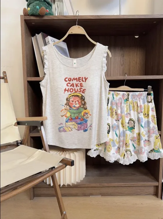 莫代尔夏季女士时尚油画卡通带胸垫背心短裤睡衣家居服多巴胺穿搭