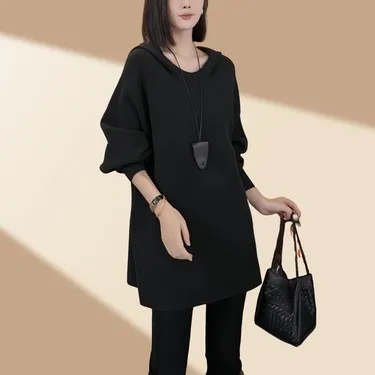 2025秋冬新款中长款气质长袖卫衣女时尚洋气显瘦遮肉针织帽衫上衣