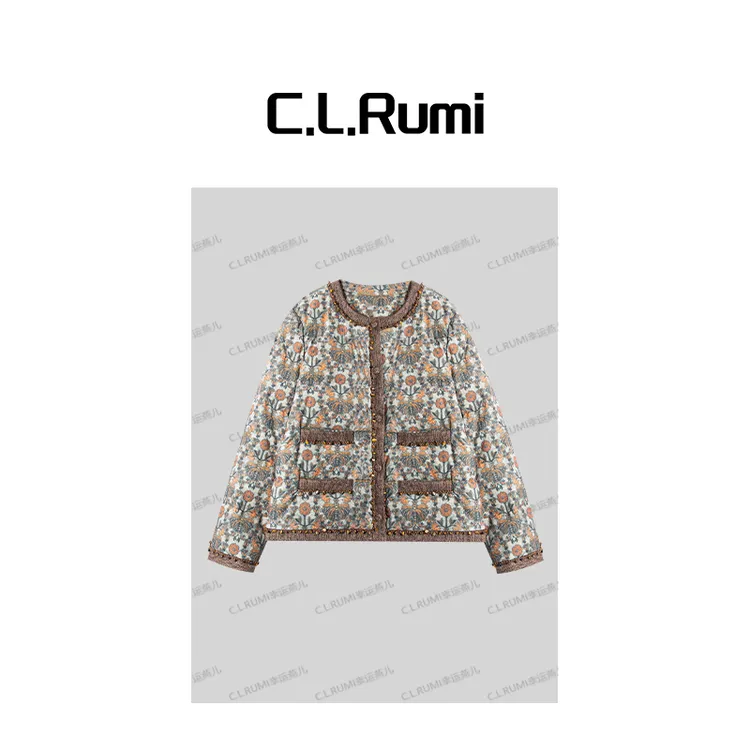  【Rumi精选】“莫奈印象”冬季轻奢小香风印花钉珠鹅绒羽绒服7346wt