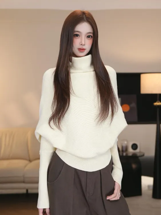秋冬半高领时尚蝙蝠袖针织衫毛衣女新款高级感慵懒风长袖