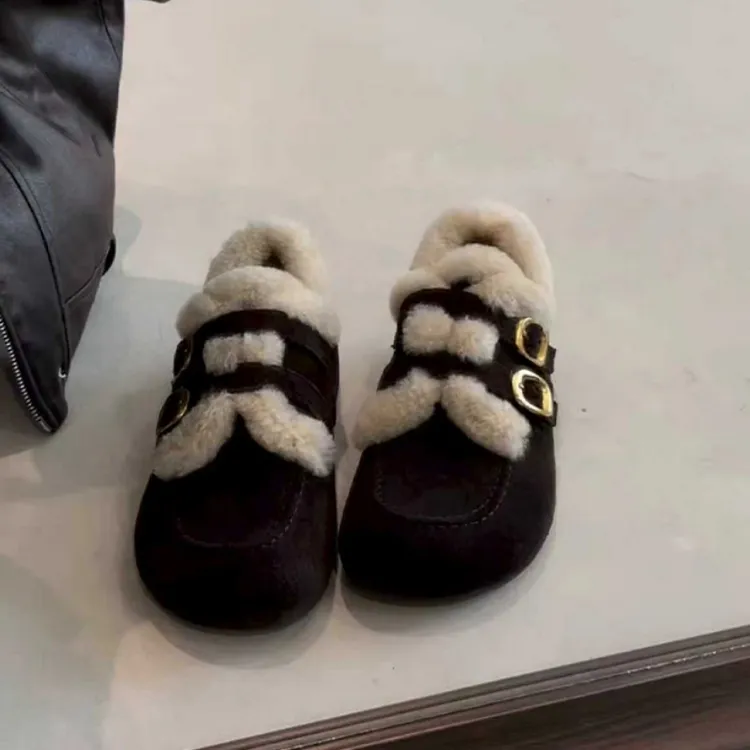 时尚高颜值皮带扣一脚蹬外穿拖鞋女秋冬新款半包毛毛博肯鞋女单鞋