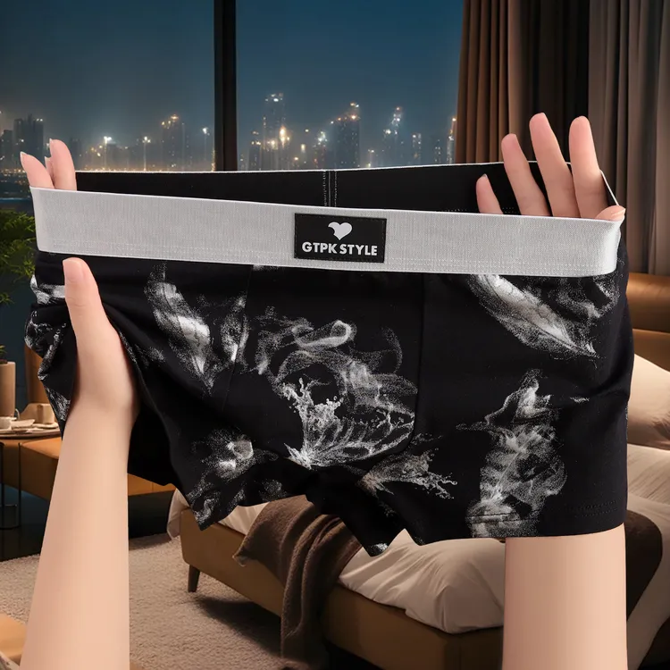 棉质舒适亲肤男士内裤新款水墨蝴蝶高档四角裤男式居家日常短裤衩