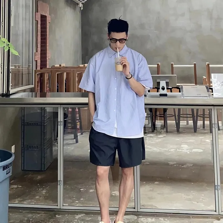 Batterup2025夏季日系cityboy休闲衬衣条纹廓形宽松短袖衬衫男潮