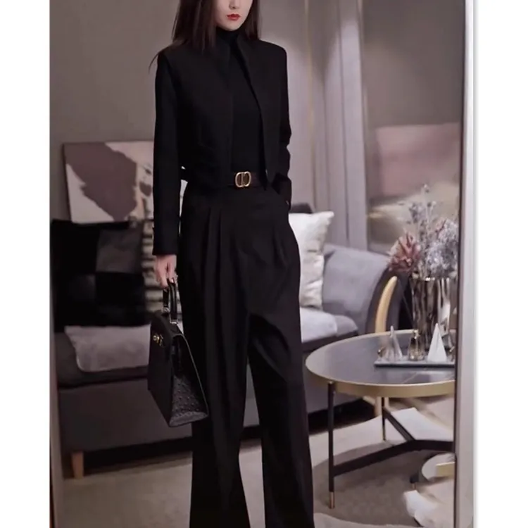 新款长袖短外套高腰阔腿长裤黑色女装潮流