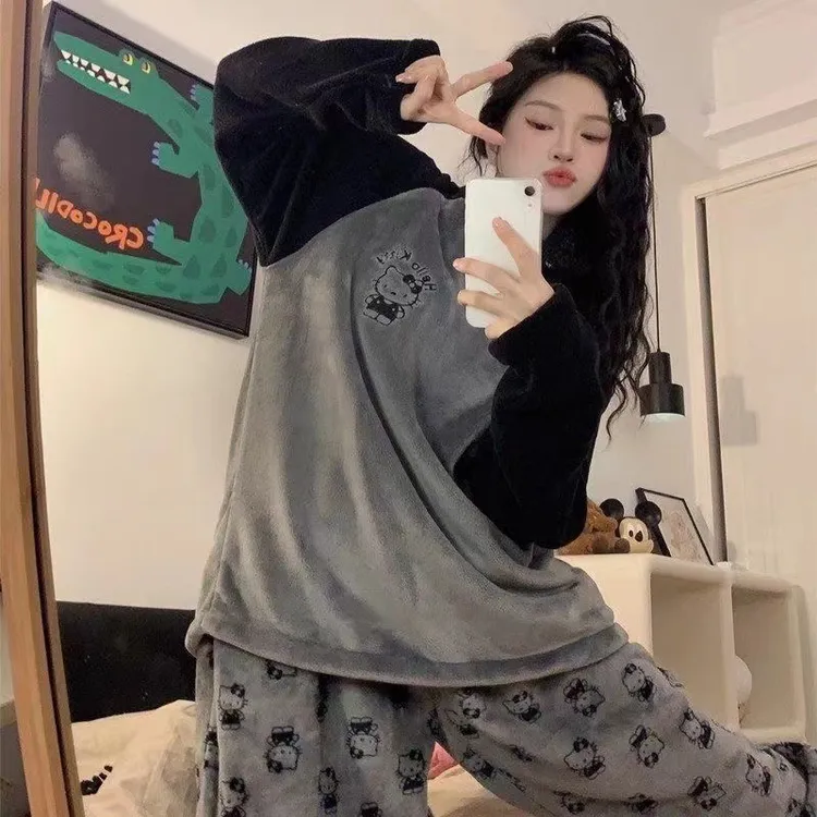 保暖冬季长裤长袖睡衣家居服套装加厚网红卡通睡衣女款大码秋冬