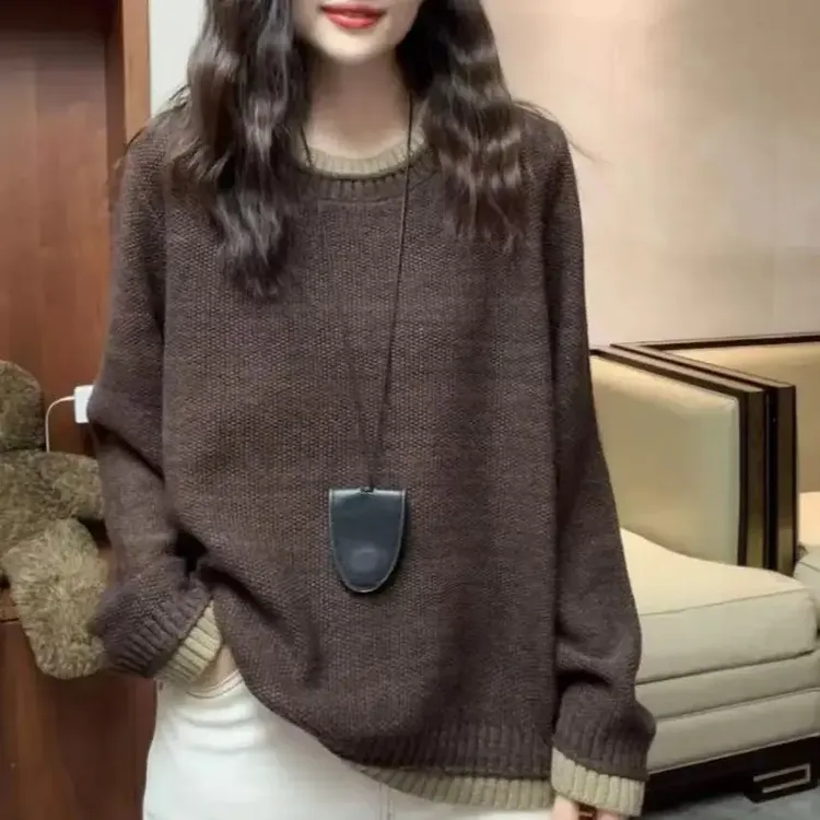 圆领打底衫网红圆领撞色休闲百搭时尚款2025秋冬新款棉线针织毛衣