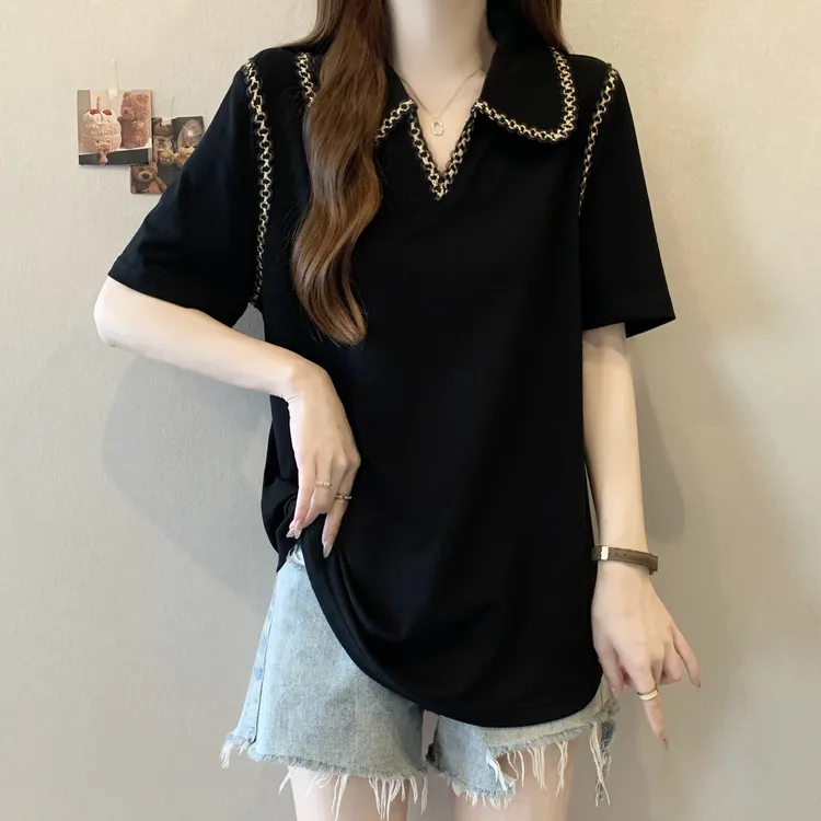 大码女装复古气质遮肚子POLO领打底衫女夏季胖mm宽松显瘦正肩上衣
