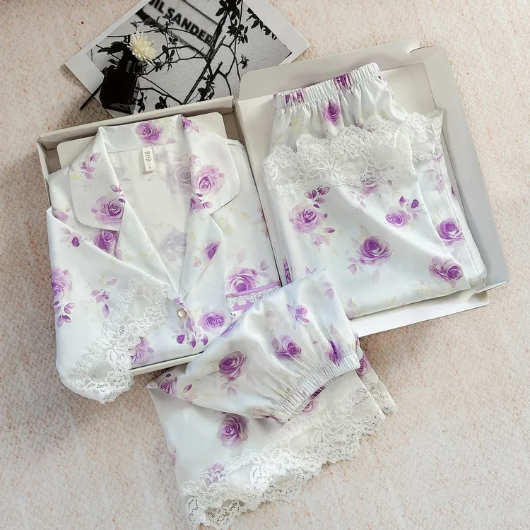 达芬奇密码紫蔷雅韵2025年新款睡衣夏季爆款女士家居服三件套