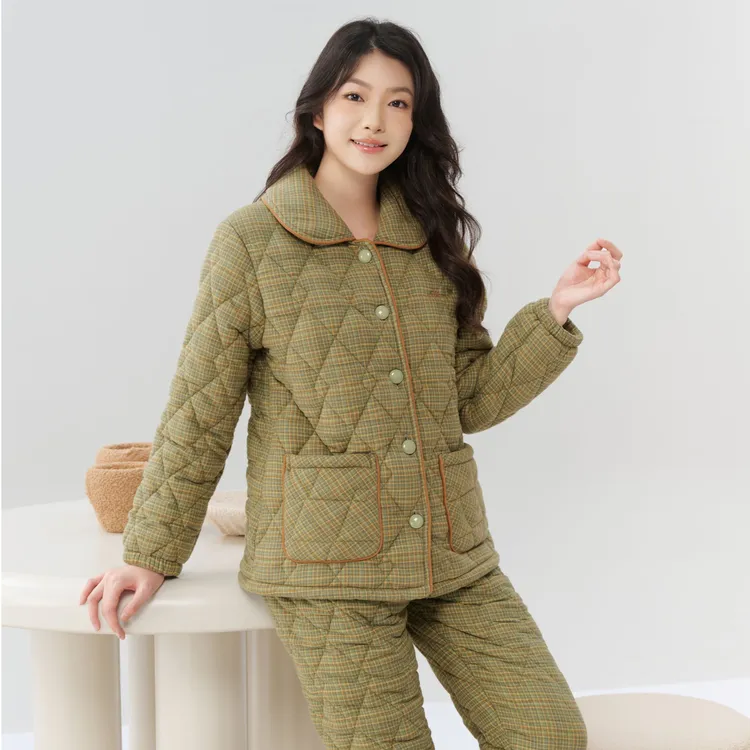 姬玛冬季三层梭织纯棉磨毛格加绒加厚夹棉保暖女家居服套装259376