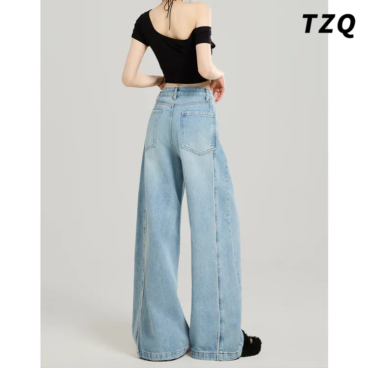 美式复古高腰阔腿牛仔裤女春夏设计感宽松垂感拖地裤子TZQ2532131