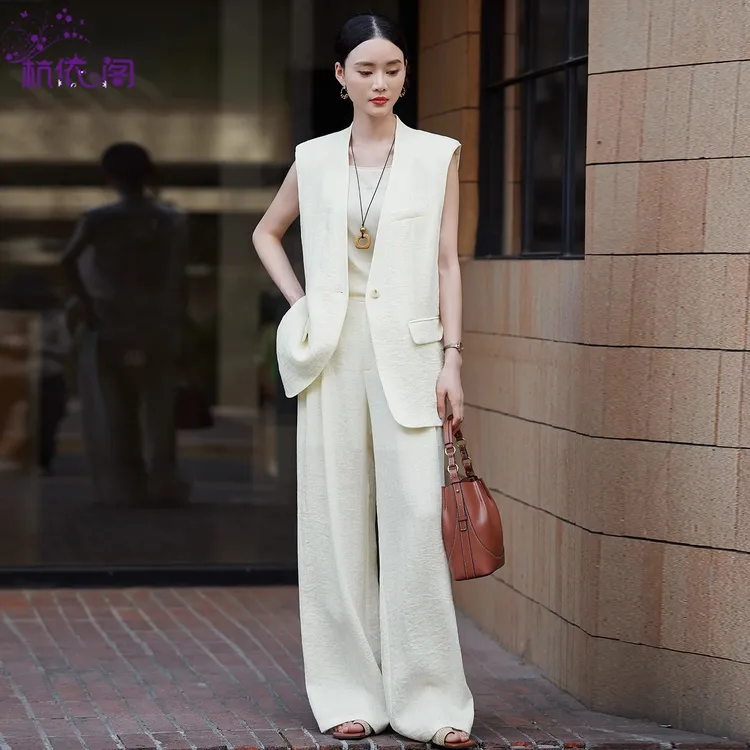 亚麻无袖西装马甲阔腿裤两件套女夏2025新款气质时尚休闲薄款套装