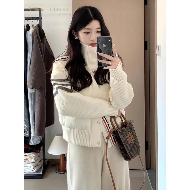 针织拼接棉服女2025年冬季新款小个子短款立领加厚棉衣外套潮