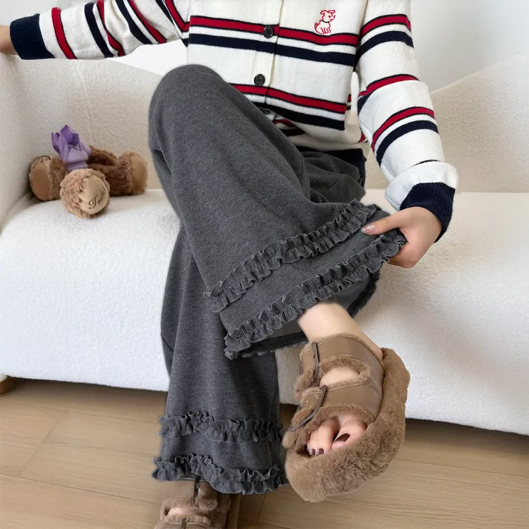 深灰色木耳花边糯米休闲裤女秋季新款胖妹妹mm高腰宽松显瘦九分裤