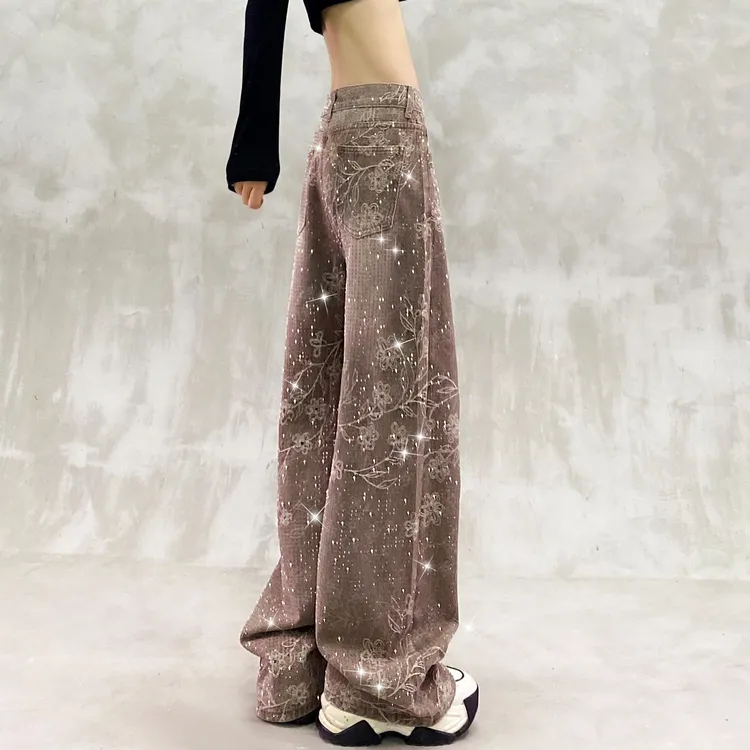 满天星烫钻印花休闲牛仔裤女秋新款高腰宽松显瘦百搭直筒阔腿裤潮