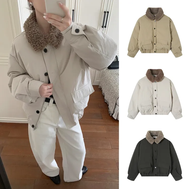 Miss sumey#1482新款毛毛领休闲廓形收腰系扣短外套秋冬工装棉服