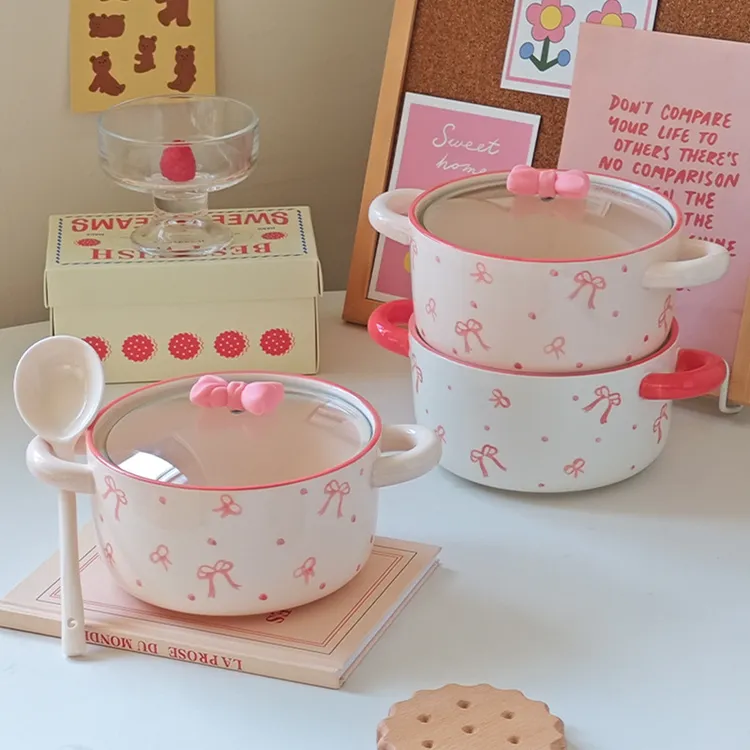 高颜值双耳泡面碗带盖大容量可爱家用专用面碗汤碗双耳碗陶瓷餐具