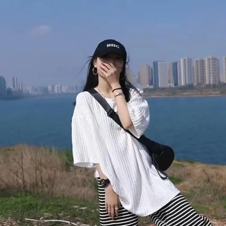 慵懒风短袖休闲套装夏季韩版2025新款T恤宽松条纹阔腿裤子两件套