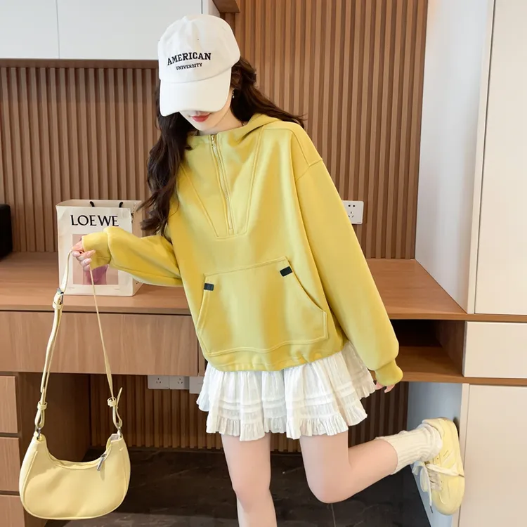 网红半拉链连帽宽松卫衣女秋季爆款韩版时尚百搭大码长袖上衣ins