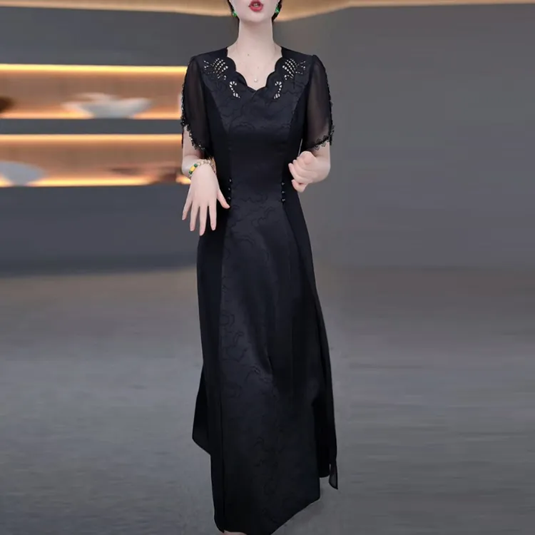 云锦缎新中式轻奢风旗袍裙2025夏季新款复古端庄黑色显瘦连衣裙子