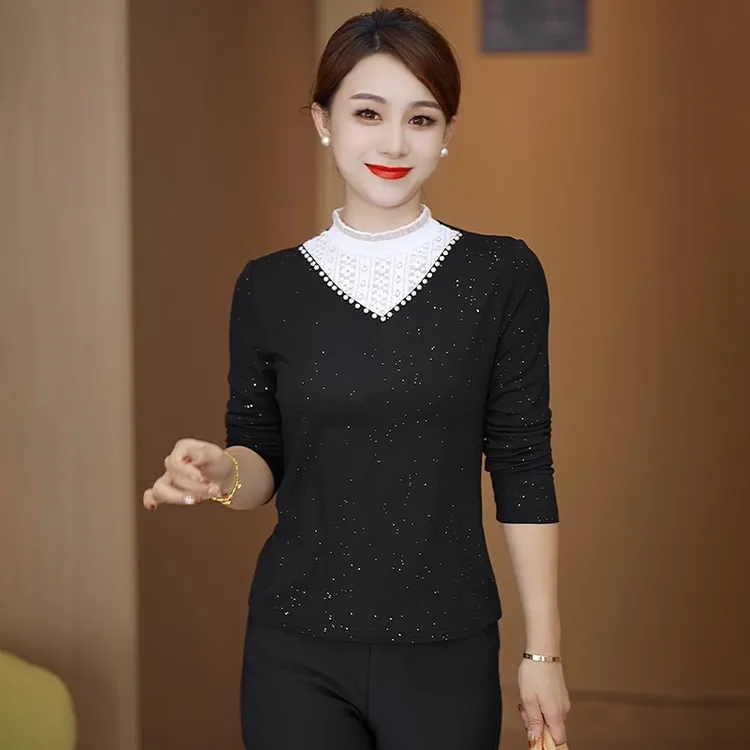 加绒半高领长袖女T恤打底衫女秋冬2025新款蕾丝拼接上衣内搭小衫