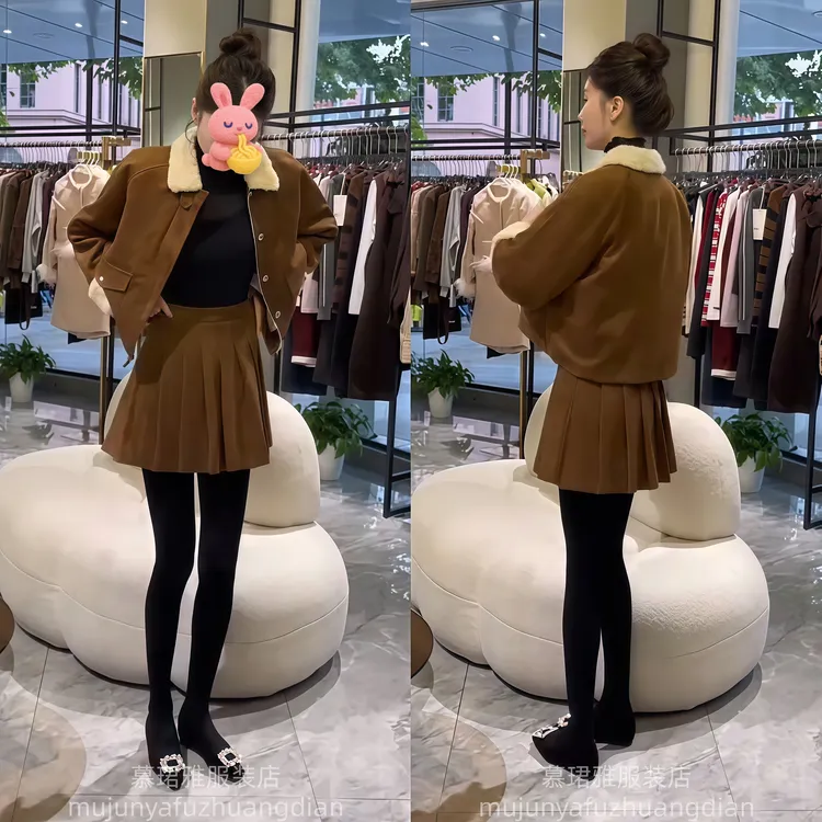 2025年春秋冬季复古港风毛领袖口拼接毛毛拉链外套百褶短裙两件套