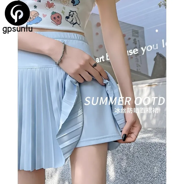 蓝色冰丝短裙女夏2025新款瑜伽防晒jk百褶裙显瘦学院风a字半身裙
