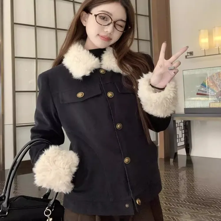 美式复古夹棉加厚外套女冬季新款羊羔毛拼接设计感修身显瘦短上衣