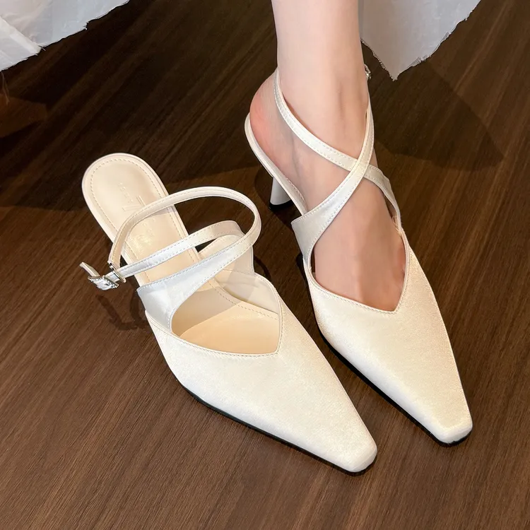 elingstudio 月光女神！高级绸缎方头绑带高跟鞋女玛丽珍浅口单鞋