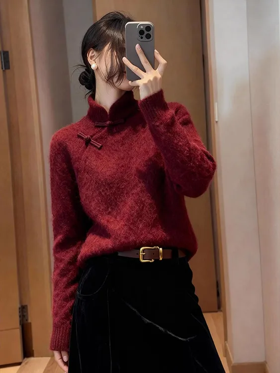 新中式红色复古立领针织衫圣诞过年氛围感盘扣设计上衣女2025冬季