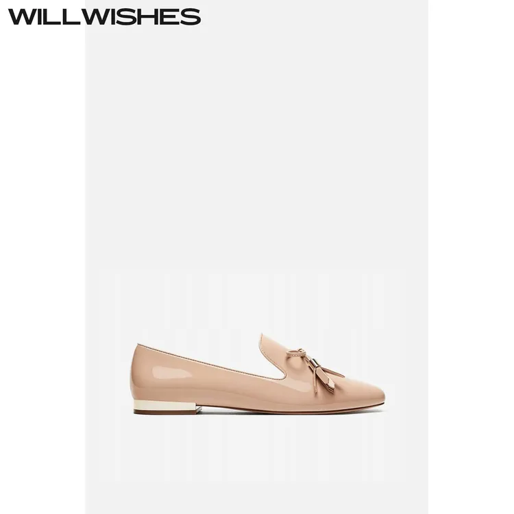 WILLWISHES/王玎设计女鞋秋季英伦风蝴蝶结平底鞋漆皮浅口单鞋女