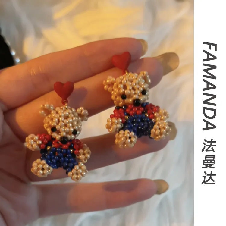 铜合金亚克力耳饰 【桃心小熊】手工定制红色咖色小熊彩色吊坠耳环