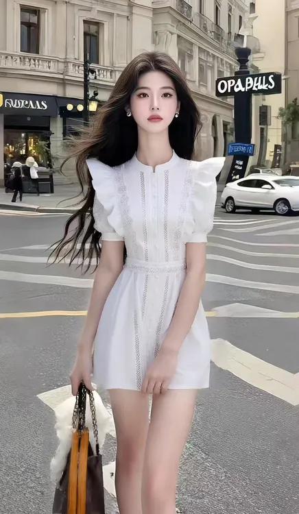 夏季轻奢优雅温柔知性风白色圆领短袖收腰连衣裙女时尚显瘦气质