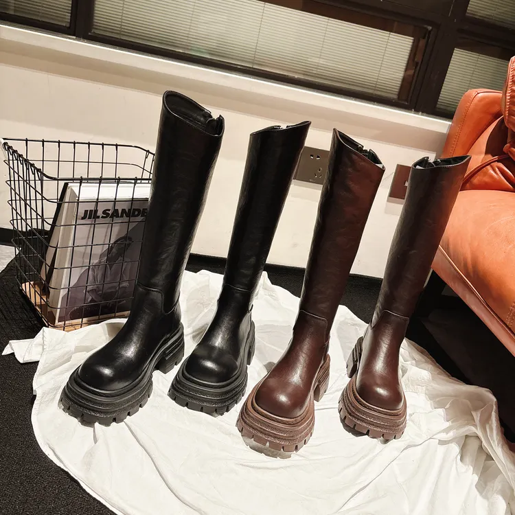 7CM增高~厚底斜口显腿直不过膝长靴女2025秋新款长筒靴ins骑士靴