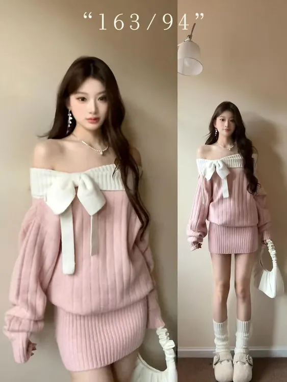 绝美一字肩针织连衣裙女秋冬新款蝴蝶结系带长袖毛衣宽松软糯上衣