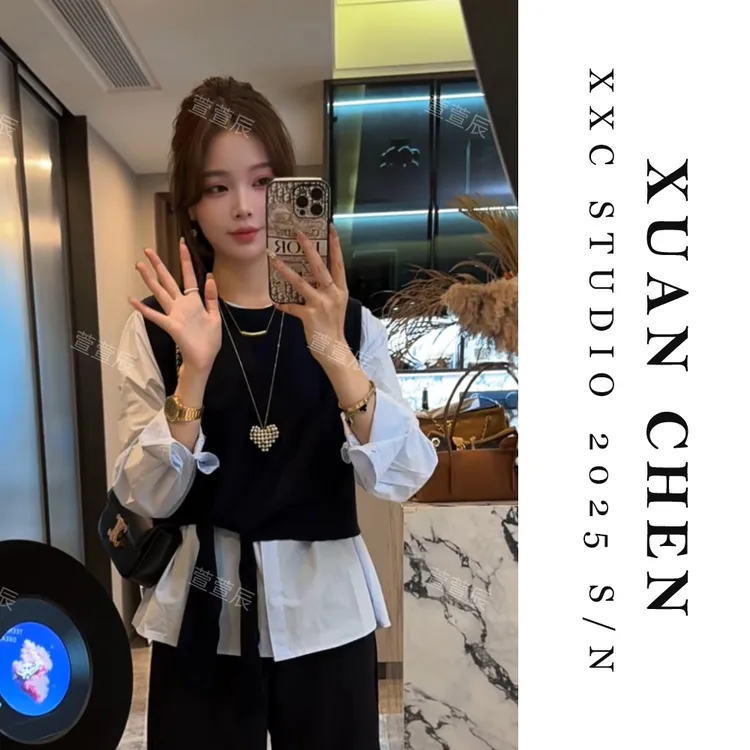 【秋风微动】时尚百搭老钱风纯欲慵懒风女装衬衫+针织马甲套装#8763
