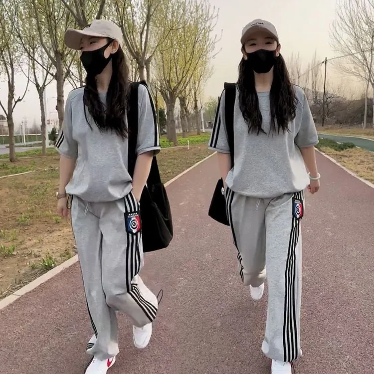 时尚两件套女2025夏季新款宽松显瘦时尚百搭休闲圆领短袖T恤上衣