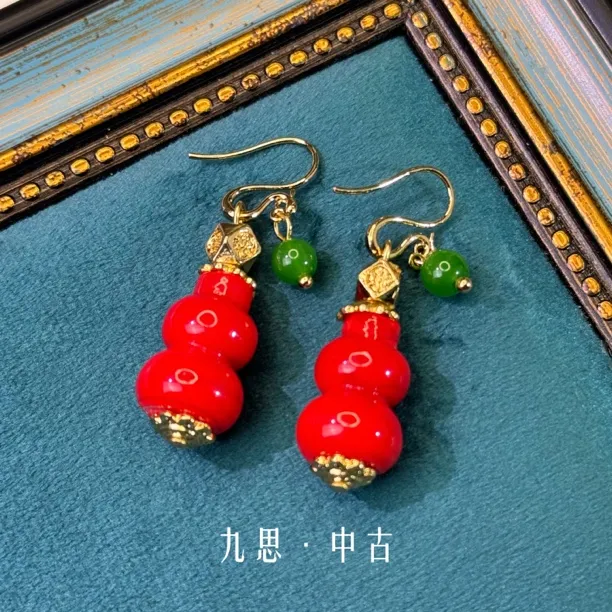 黄铜琉璃耳饰 铜合金琉璃耳饰 复古风葫芦造型精致百搭女款耳环