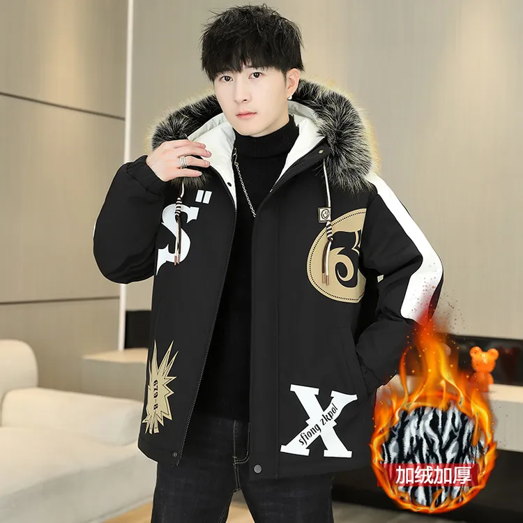 中长款派克服男士保暖加绒加厚大毛领外套冬季休闲棉衣服加绒夹克